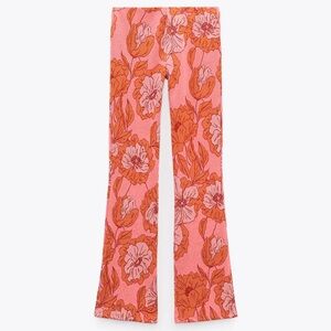 Zara High Waist Elastic Pink Orange Pattern Floral Pants Size L - NWT